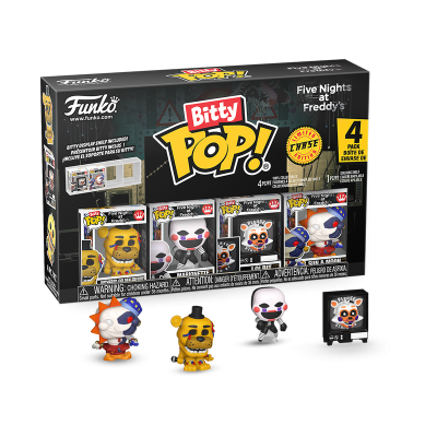 Caixa de colecionáveis Bitty Pop! Five Nights at Freddys com quatro bonecos de vinil e display incluído.