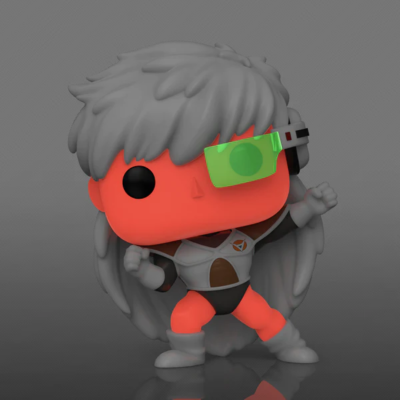 Figura Funko Pop cabelo cinzento com óculos verdes e roupa branca e preta em pose de luta
