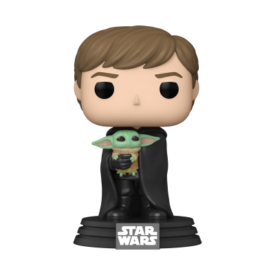 Figura Funko Pop personagem com capa preta segurando boneco verde de orelhas grandes da Star Wars