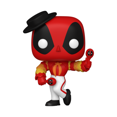 Figura Funko Pop Deadpool com chapéu preto e leques pequenos.