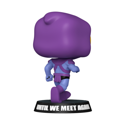 Boneco Funko Pop roxo e azul com base preta e texto branco