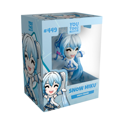 Figura vinil Snow Miku em embalagem azul clara com janela transparente