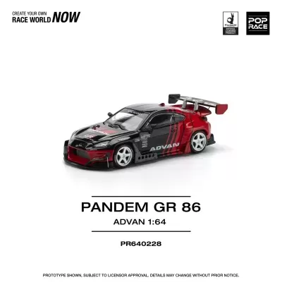 Miniatura do carro de corrida PANDEM GR 86 preto e vermelho com autocolantes e aerofólio grande.