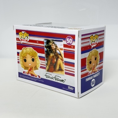 Caixa Funko Pop Farrah Fawcett com design branco, vermelho e azul.