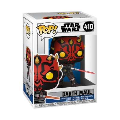 Figura Pop! Darth Maul da Star Wars na embalagem com rosto vermelho e preto e sabre de luz