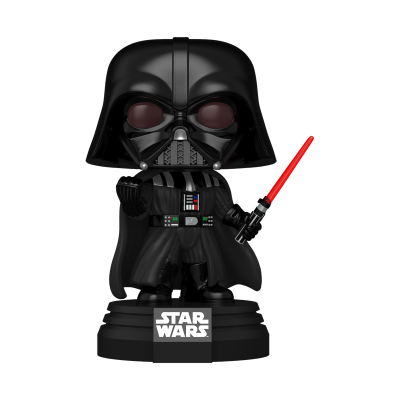 Figura Funko Pop de Darth Vader segurando sabre de luz vermelho em base com logo Star Wars