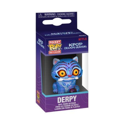 Chaveiro vinil azul DERPY em caixa roxa Pocket Pop KPOP Demon Hunters