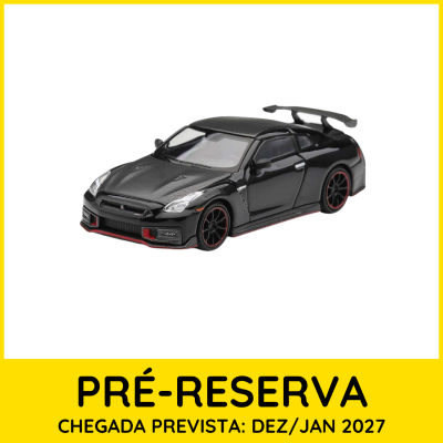 Miniatura de carro desportivo preto com moldura amarela e texto em português