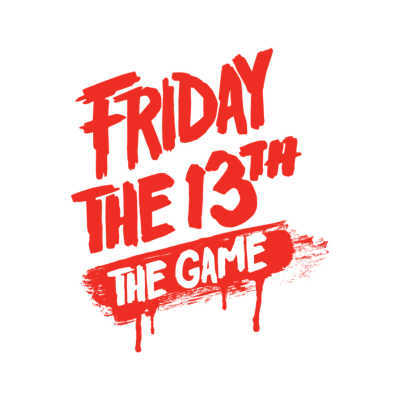 Logótipo em vermelho com texto FRIDAY THE 13TH THE GAME em fundo branco
