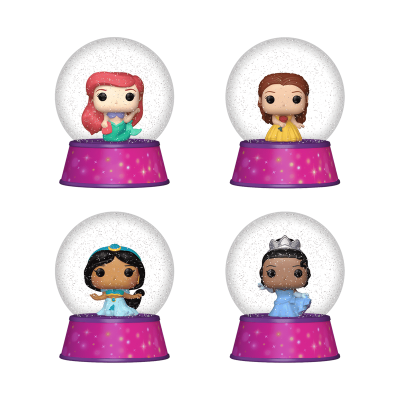 Quatro globos de neve cor-de-rosa com figuras de princesas Disney Funko Pop