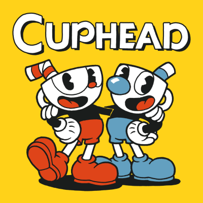 Personagens de desenho animado Cuphead com fundo amarelo e texto CUPHEAD