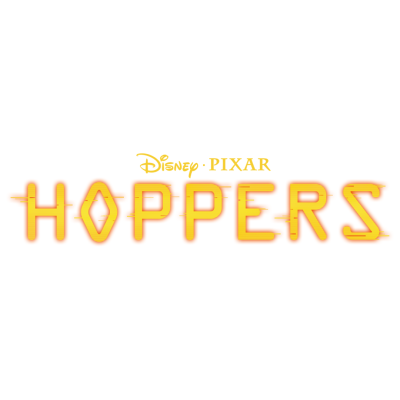 Logotipo Disney Pixar e texto HOPPERS em amarelo com efeito de brilho