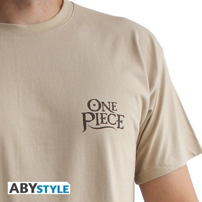 T-shirt bege com logotipo 'ONE PIECE' castanho no peito