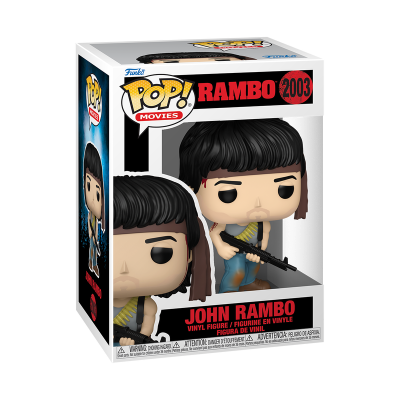 Figura de vinil John Rambo da Funko Pop Movies numa caixa branca com janela transparente