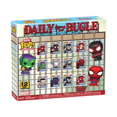 Caixa de 12 figuras Bitty Pop! Marvel com capa Daily Bugle e personagens como Homem-Aranha e Duende Verde