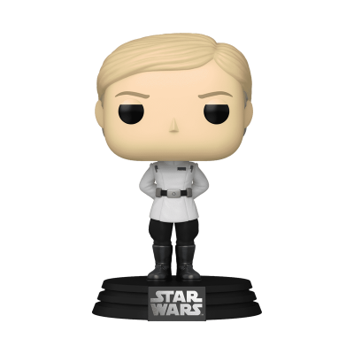 Boneco Funko Pop de personagem masculino de cabelo loiro com roupa branca e preta em pedestal STAR WARS