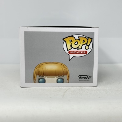Caixa branca de figura POP! com cabelo loiro e olhos azuis