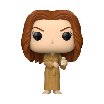 Figura Funko Pop com roupão castanho segurando frasco de medicamento