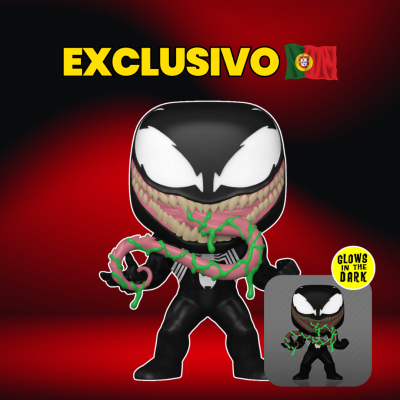 Figura Funko Pop do Venom preto com olhos brancos grandes e tentáculos verdes, selo 'Glows in the dark', fundo vermelho