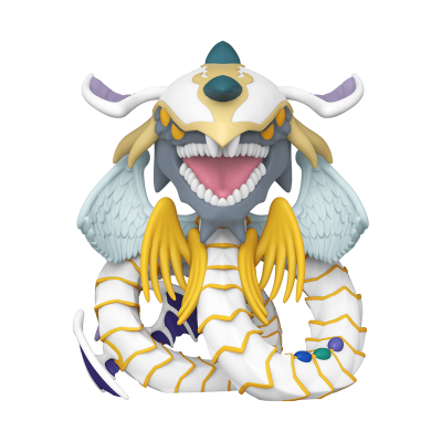 Figura colecionável de criatura fantástica branca, dourada e azul com asas e corpo em espiral