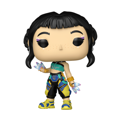Figura Funko Pop personagem feminina com roupa colorida e cristais nas mãos
