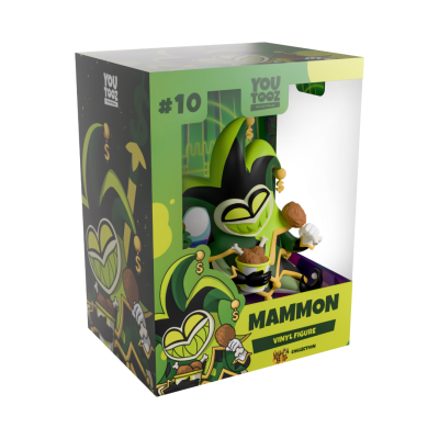 Figura de vinil Mammon com caixa transparente, cores verde, preto e amarelo.