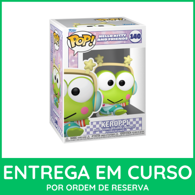 Funko Pop! Keroppi vinil na caixa branca com texto verde abaixo