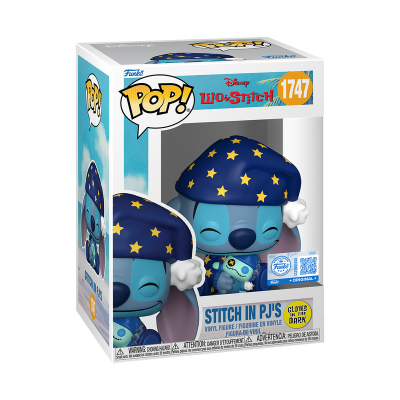 Figura Funko Pop Stitch em pijama azul com estrelas em embalagem