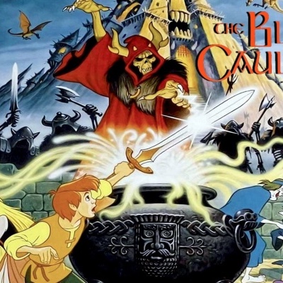 Pôster do filme de animação The Black Cauldron com personagens e caldeirão negro