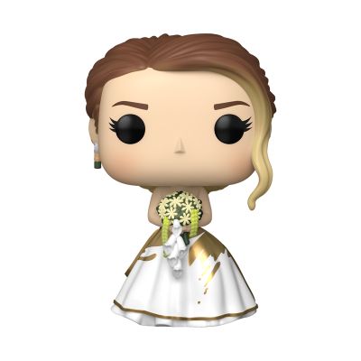 Figura Funko Pop de noiva com vestido branco e dourado segurando bouquet de flores