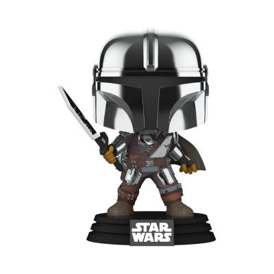 Figurinha Mandalorian estilo Funko Pop com capacete prateado e faca