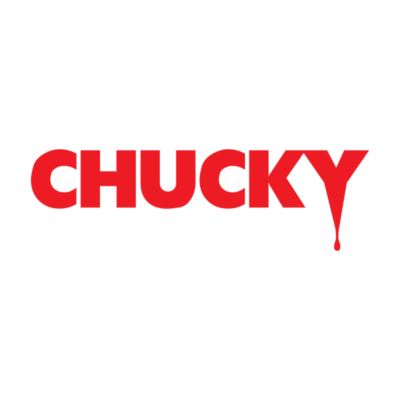 Texto CHUCKY em vermelho com letra Y terminando em gota sobre fundo branco
