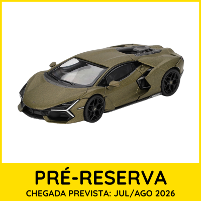 Miniatura de carro desportivo verde metálico com jantes pretas e texto de pré-reserva em fundo branco e amarelo