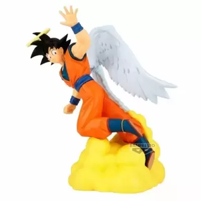 Figura de ação com roupa laranja, asas brancas, nuvem amarela e halo