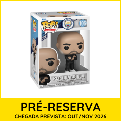 Figura Funko POP! Pep Guardiola 106 em caixa com fundo amarelo PRÉ-RESERVA.