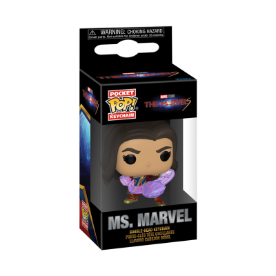 Miniatura Ms. Marvel chaveiro em caixa preta com texto e logotipos