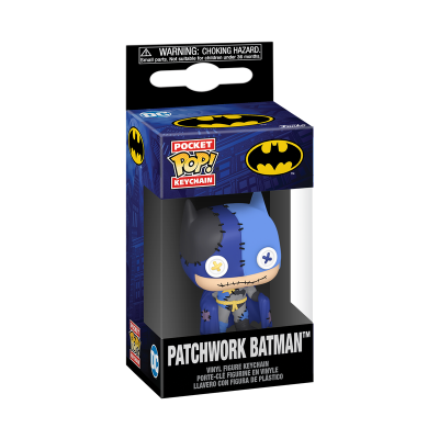 Chaveiro vinyl Patchwork Batman na embalagem azul com símbolo Batman