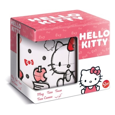 Caixa rosa com caneca branca da Hello Kitty segurando uma maçã vermelha