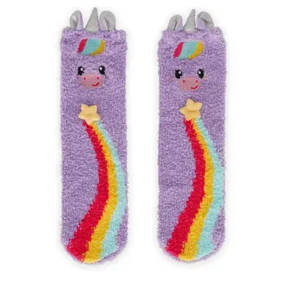 Par de meias felpudas lilás com unicórnio e arco-íris colorido