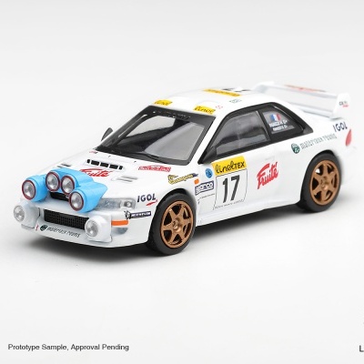 Miniatura de carro de rali branco com luzes azuis e autocolantes