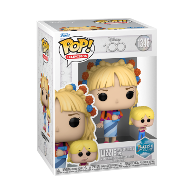 Figura Funko Pop! de Lizzie McGuire com uma figura menor, em embalagem com texto Disney 100 e número 1346
