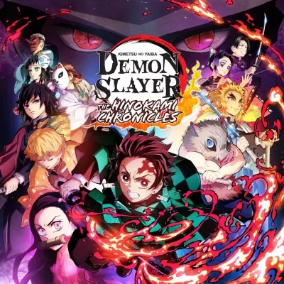 Capa do jogo Demon Slayer: The Hinokami Chronicles com personagens e efeitos de fogo