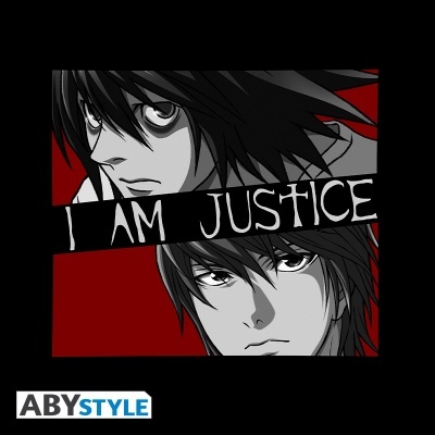Camisola preta com estampa de personagens de anime e texto 'I AM JUSTICE'.