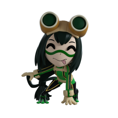 Figura colecionável de personagem feminina com traje de sapo e grandes óculos na cabeça