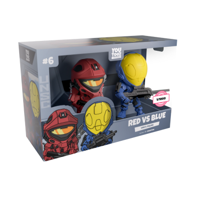 Caixa de bonecos de vinil RED VS BLUE da coleção YOU TOYS com figuras vermelha e azul e capacetes amarelos.