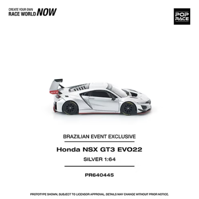 Miniatura de carro Honda NSX GT3 EVO22 prata 1:64 com texto promocional num fundo branco