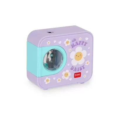 Apontador manual lilás e azul claro com decoração de flores e texto oh HAPPY DAISY