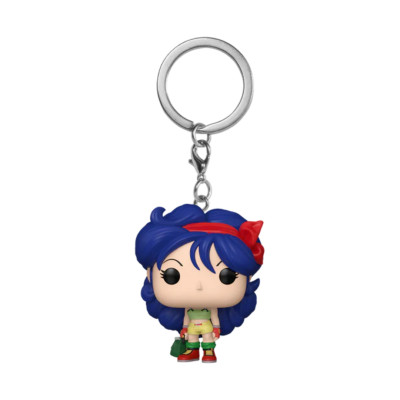 Porte-chaves personagem Funko Pop em PVC com cabelo azul e fita vermelha