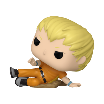 Figura colecionável estilo Funko Pop de personagem com fato laranja e cabelo loiro deitado