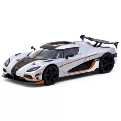 Miniatura de carro desportivo cinza prateado com detalhes pretos e laranja